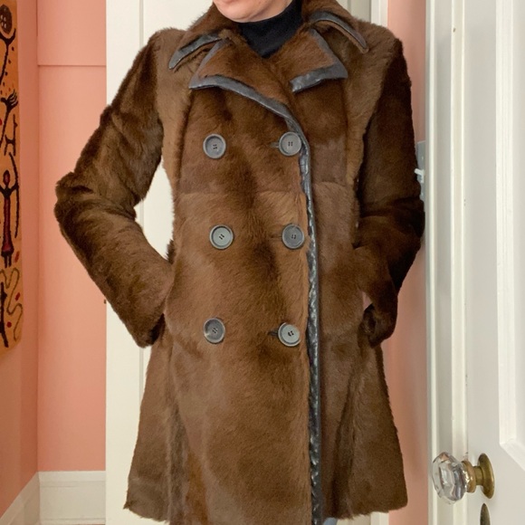 Derek Lam Brown Double-Breasted Women's Fur and Leather Car Coat sz 4 - Picture 3 of 15